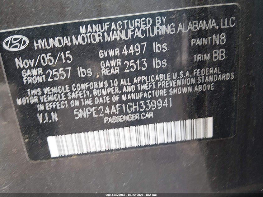 2016 Hyundai Sonata VIN 5NPE24AF1GH339941 IAAI salvage auction — NORMAL WEAR, Original (Kentucky), sold $1,525 on 2026-08-02 (photo 9)
