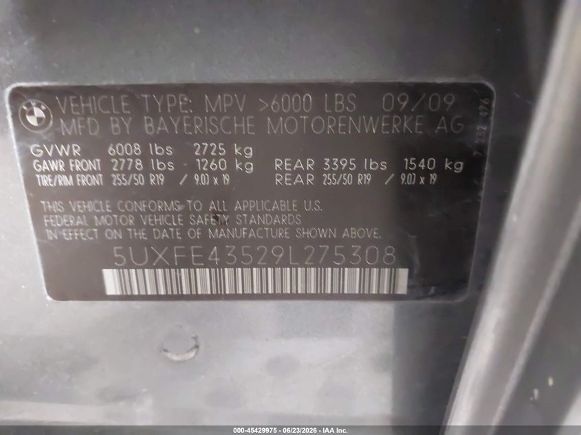 2009 BMW X5 VIN 5UXFE43529L275308 IAAI salvage auction — HAIL, Salvage (Iowa), sold $825 on 2026-07-10 (photo 9)