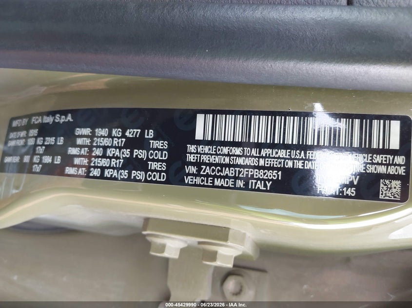 2015 Jeep Renegade VIN ZACCJABT2FPB82651 IAAI salvage auction — HAIL, Clear (Missouri), sold $2,350 on 2026-08-17 (photo 9)