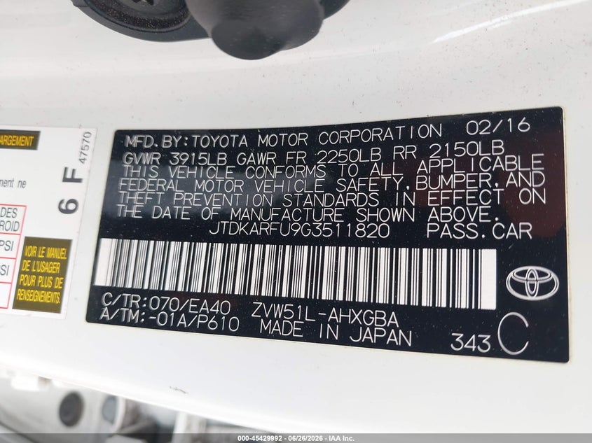 2016 Toyota Prius VIN JTDKARFU9G3511820 IAAI salvage auction — FRONT END, Salvage (Pennsylvania), sold $3,600 on 2026-07-10 (photo 9)