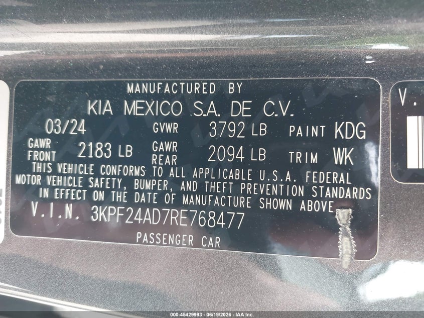 2024 Kia Forte VIN 3KPF24AD7RE768477 IAAI salvage auction — FRONT END, Enterprise Vehicles Clear Only (Texas), sold $8,200 on 2026-07-16 (photo 9)