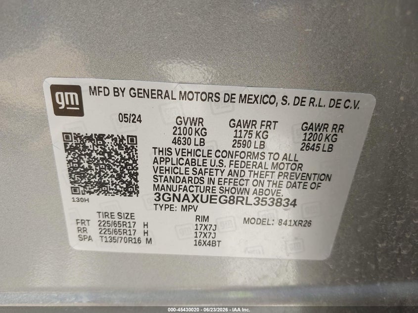 2024 Chevrolet Equinox VIN 3GNAXUEG8RL353834 IAAI salvage auction — LEFT FRONT, Enterprise Vehicles Clear Only (Montana), sold $13,700 on 2026-07-09 (photo 9)