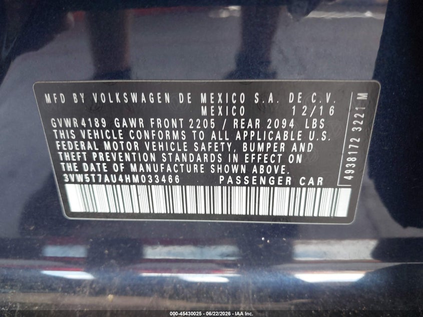 2017 Volkswagen Golf gti VIN 3VW5T7AU4HM033466 IAAI salvage auction — NORMAL WEAR, Clear (Florida), sold $2,950 on 2026-07-08 (photo 9)