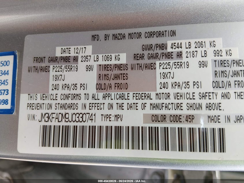 2018 Mazda Cx-5 VIN JM3KFADM9J0330741 IAAI salvage auction — ENGINE BURN, Salvage (Kansas), sold $2,100 on 2026-07-22 (photo 9)