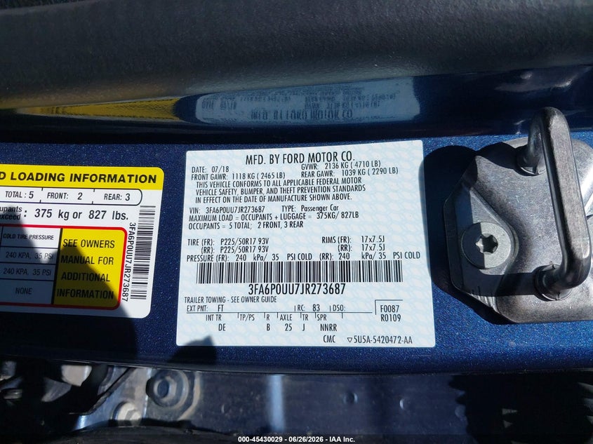 2018 Ford Fusion VIN 3FA6P0UU7JR273687 IAAI salvage auction — NORMAL WEAR, Sf97 (New York), sold $10,100 on 2026-07-23 (photo 9)