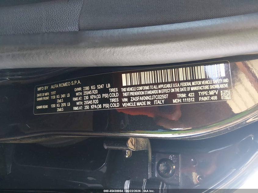 2018 Alfa romeo Stelvio VIN ZASFAKNN2J7C02507 IAAI salvage auction — FRONT END, Salvage (Arizona), sold $775 on 2026-07-21 (photo 9)