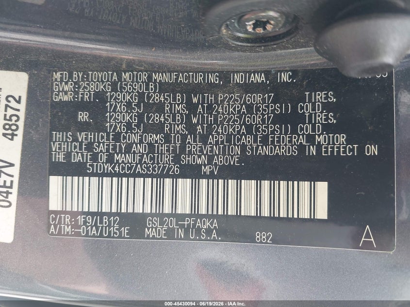 2010 Toyota Sienna VIN 5TDYK4CC7AS337726 IAAI salvage auction — SIDE, Clear (New Jersey), sold $1,400 on 2026-07-28 (photo 9)