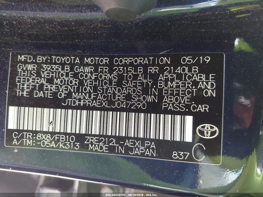 2020 Toyota Corolla VIN JTDHPRAEXLJ047290 IAAI salvage auction — SUSPENSION, Salvage (Texas), sold $4,800 on 2026-07-13 (photo 9)