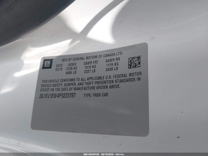 2015 Chevrolet Camaro VIN 2G1FJ1EW4F9223787 IAAI salvage auction — REAR END, Salvage Title, sold $8,500 on 2026-09-23 (photo 9)