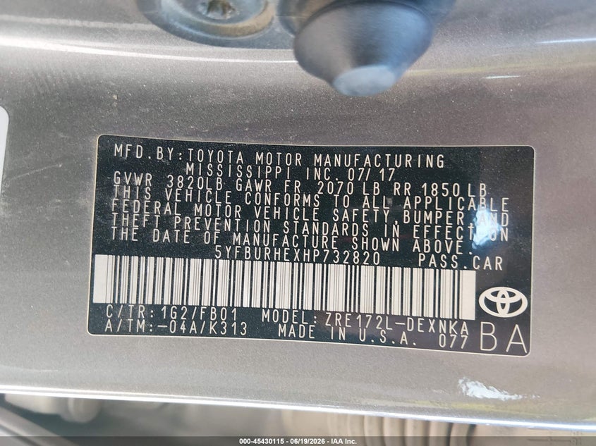 2017 Toyota Corolla VIN 5YFBURHEXHP732820 IAAI salvage auction — REAR END, Salvage (California), sold $2,550 on 2026-07-09 (photo 9)