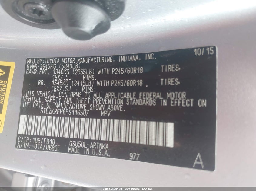 2015 Toyota Highlander VIN 5TDZKRFH8FS116507 IAAI salvage auction — FRONT END, Salvage (Alabama), sold $6,125 on 2026-07-14 (photo 9)