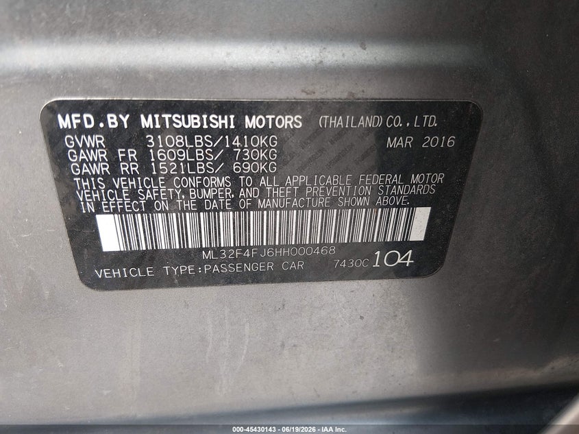 2017 Mitsubishi Mirage VIN ML32F4FJ6HH000468 IAAI salvage auction — FRONT END, Salvage (Ohio), sold $325 on 2026-07-14 (photo 9)