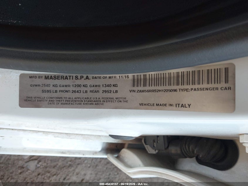 2017 Maserati Quattroporte VIN ZAM56RRS2H1225096 IAAI salvage auction — NORMAL WEAR, Clear (Arizona), sold $6,075 on 2026-07-14 (photo 9)
