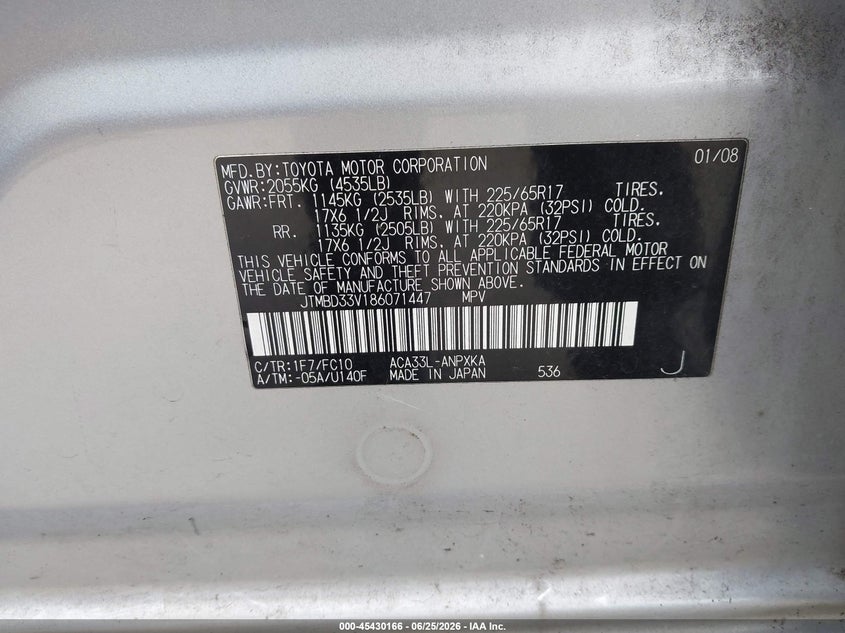 2008 Toyota Rav4 VIN JTMBD33V186071447 IAAI salvage auction — REAR END, Bill Of Sale (Washington), sold $2,025 on 2026-07-08 (photo 9)