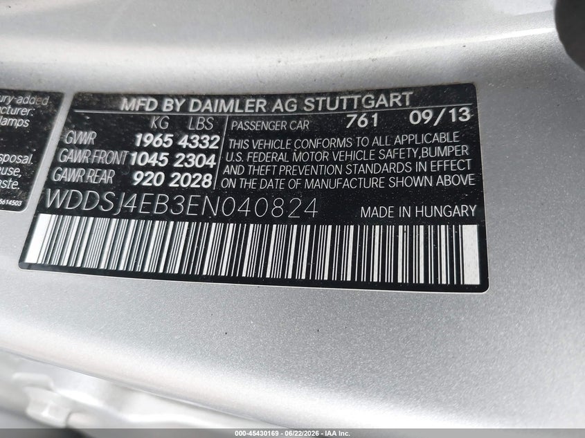 2014 Mercedes-benz VIN WDDSJ4EB3EN040824 IAAI salvage auction — FRONT END, Mv-907A (New York), sold $1,625 on 2026-07-28 (photo 9)