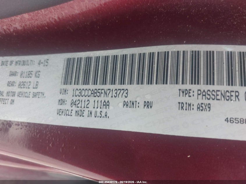 2015 Chrysler 200 VIN 1C3CCCAB5FN713773 IAAI salvage auction — REPOSSESSION, Nrc Lienholder Repossession Paperwork (Georgia), sold $425 on 2026-07-17 (photo 9)