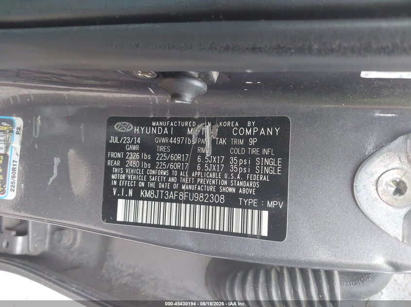 2015 Hyundai Tucson VIN KM8JT3AF8FU982308 IAAI salvage auction — NORMAL WEAR, Clear (New York), sold $725 on 2026-07-21 (photo 9)