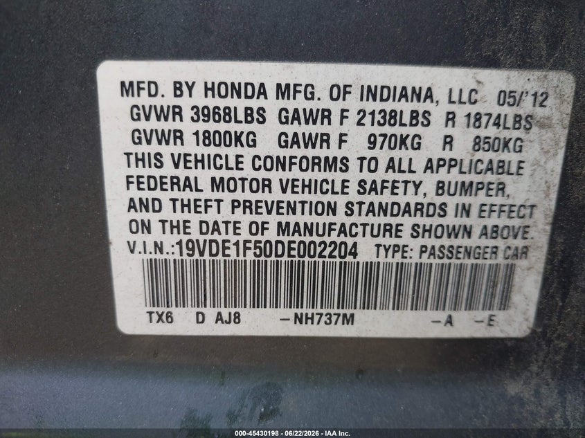 2013 Acura Ilx VIN 19VDE1F50DE002204 IAAI salvage auction — FRONT & REAR, Salvage - Greater Than 75% (Maryland), sold $1,000 on 2026-07-09 (photo 9)