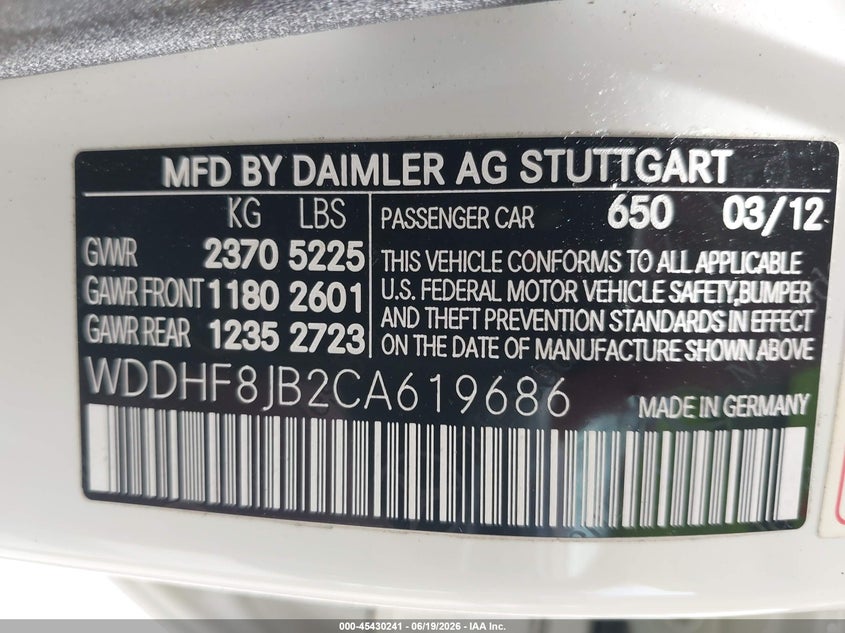 2012 Mercedes-benz E-class VIN WDDHF8JB2CA619686 IAAI salvage auction — NORMAL WEAR, Clear (New Jersey), sold $1,975 on 2026-07-28 (photo 9)