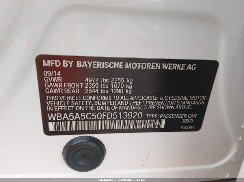 2015 BMW 5er VIN WBA5A5C50FD513920 IAAI salvage auction — FRONT END, Salvage Title, sold $1,500 on 2026-08-14 (photo 9)