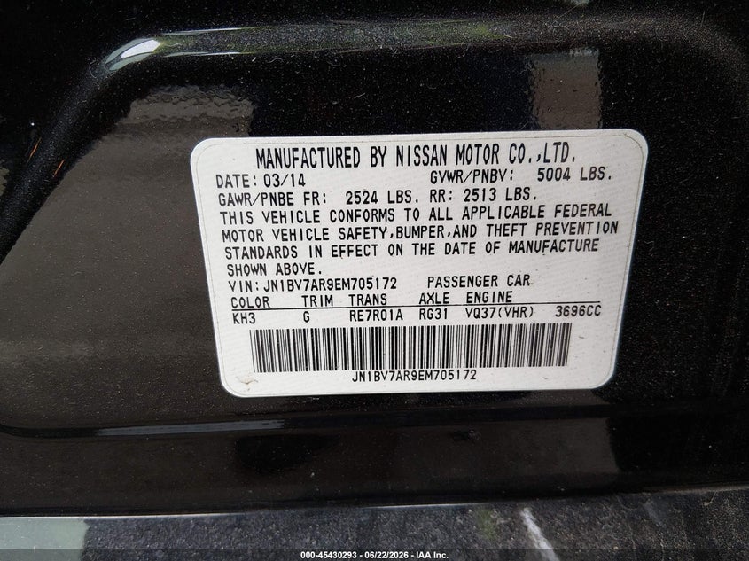 2014 Infiniti Q50 VIN JN1BV7AR9EM705172 IAAI salvage auction — FRONT & REAR, Salvage (New Jersey), sold $25 on 2026-07-27 (photo 9)