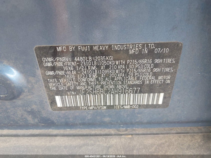 2010 Subaru Forester VIN JF2SH6BC2AH916677 IAAI salvage auction — NORMAL WEAR, Clear (New Jersey), sold $425 on 2026-07-21 (photo 9)