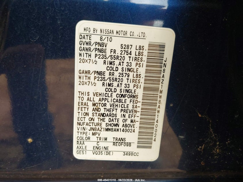 2010 Nissan Murano VIN JN8AZ1MW8AW140024 IAAI salvage auction — HAIL, Clear (Missouri), sold $25 on 2026-07-30 (photo 9)