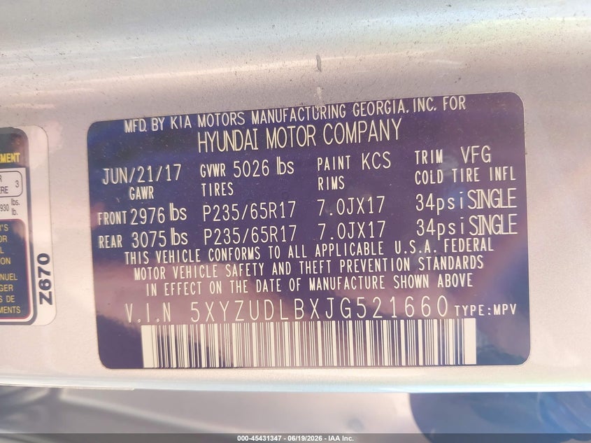 2018 Hyundai Santa fe VIN 5XYZUDLBXJG521660 IAAI salvage auction — RIGHT FRONT, Salvage (Pennsylvania), sold $3,650 on 2026-07-08 (photo 9)