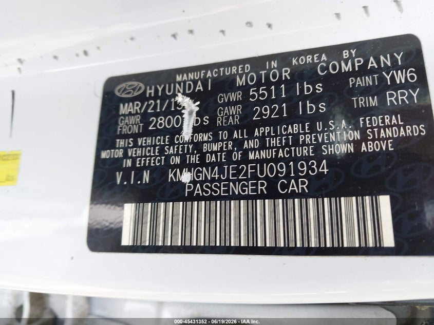 2015 Hyundai Genesis VIN KMHGN4JE2FU091934 IAAI salvage auction — RIGHT SIDE, Clear (Virginia), sold $1,900 on 2026-07-18 (photo 9)
