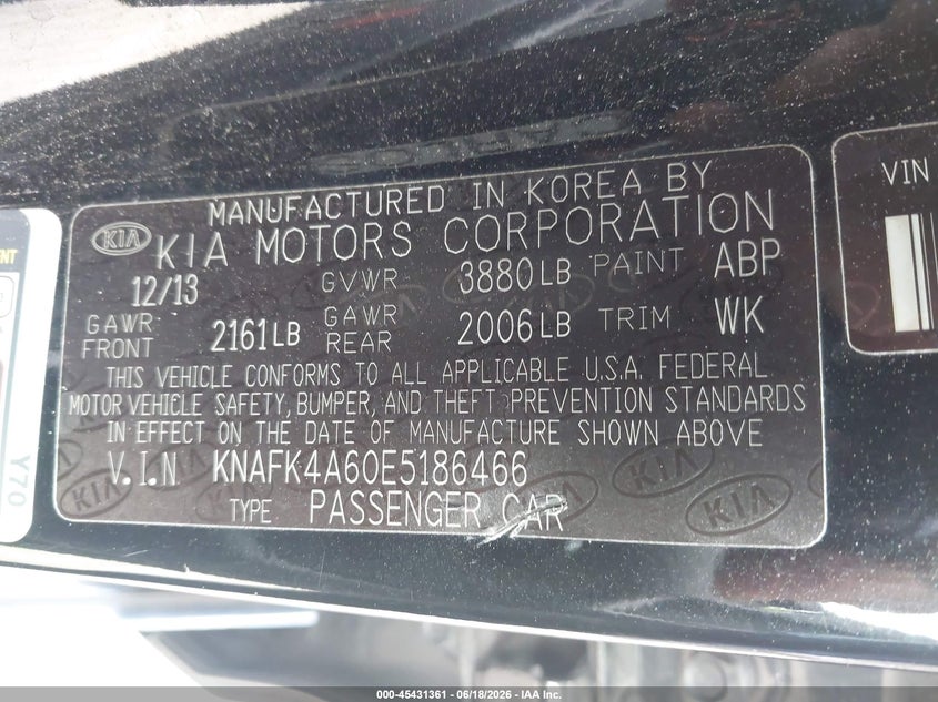2014 Kia Forte VIN KNAFK4A60E5186466 IAAI salvage auction — LEFT SIDE, Clear - Dealer Only (California), sold $375 on 2026-07-29 (photo 9)