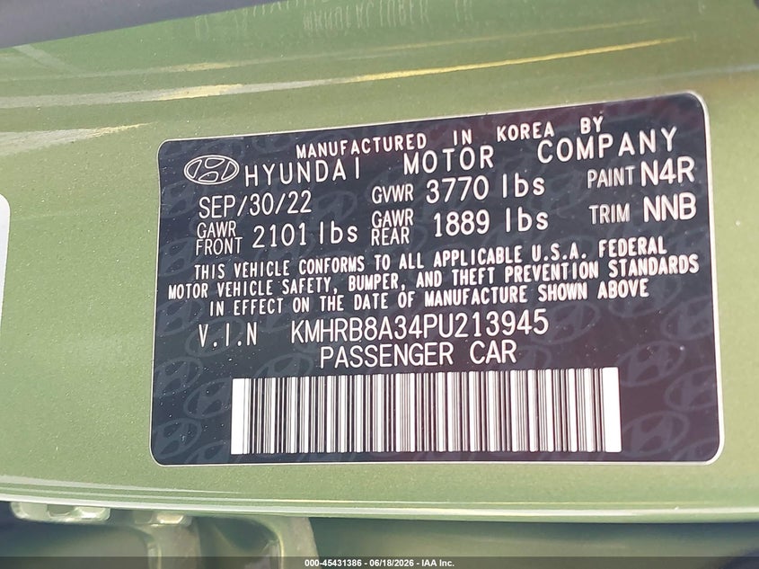 2023 Hyundai Venue VIN KMHRB8A34PU213945 IAAI salvage auction — NORMAL WEAR, Salvage (Connecticut), sold $3,850 on 2026-07-23 (photo 9)