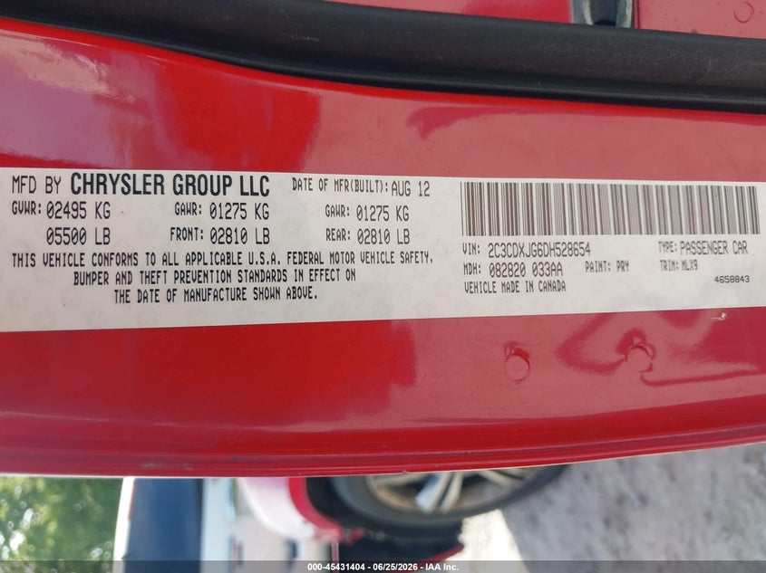 2013 Dodge Charger VIN 2C3CDXJG6DH528654 IAAI salvage auction — BIOHAZARD/CHEMICAL, Salvage Title, sold $400 on 2026-07-09 (photo 9)