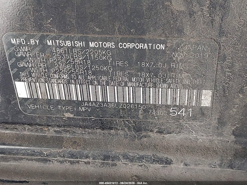 2020 Mitsubishi Outlander VIN JA4AZ3A36LZ026150 IAAI salvage auction — LEFT FRONT, Salvage Title, sold $850 on 2026-07-29 (photo 9)