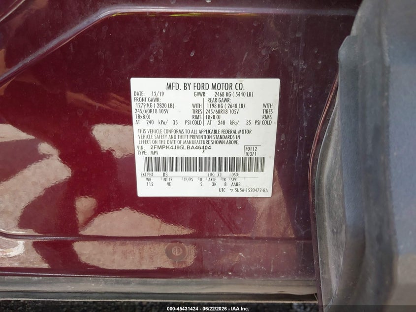 2020 Ford Edge VIN 2FMPK4J95LBA46404 IAAI salvage auction — FRONT & REAR, Salvage Title, sold $2,700 on 2026-07-28 (photo 9)