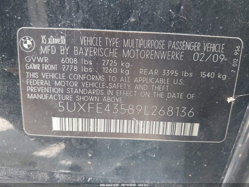 2009 BMW X5 VIN 5UXFE43589L268136 IAAI salvage auction — NORMAL WEAR, Clear-Dealer Only (Maryland), sold $425 on 2026-07-16 (photo 9)