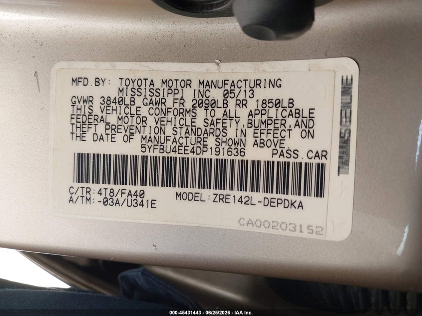 2013 Toyota Corolla VIN 5YFBU4EE4DP191636 IAAI salvage auction — FRONT END, Salvage (California), sold $25 on 2026-07-29 (photo 9)
