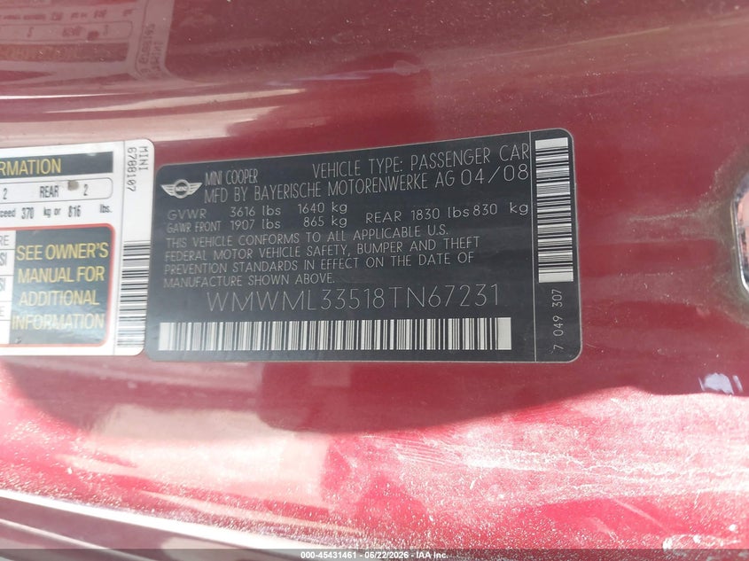 2008 Mini Cooper clubman VIN WMWML33518TN67231 IAAI salvage auction — RIGHT FRONT, Salvage Certificate (California), sold $250 on 2026-07-17 (photo 9)