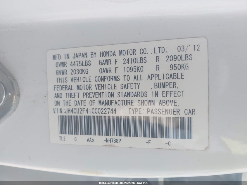 2012 Acura Tsx VIN JH4CU2F41CC022744 IAAI salvage auction — RIGHT FRONT, Salvage (South Carolina), sold $2,500 on 2026-07-22 (photo 9)