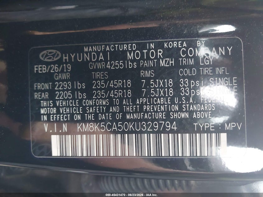2019 Hyundai Kona VIN KM8K5CA50KU329794 IAAI salvage auction — EXTERIOR BURN, Salvage (Massachusetts), sold $4,875 on 2026-07-14 (photo 9)