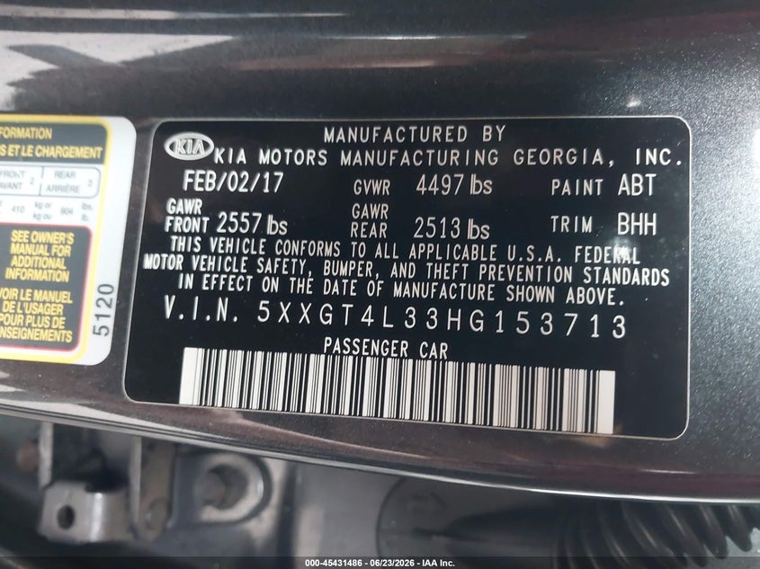 2017 Kia Optima VIN 5XXGT4L33HG153713 IAAI salvage auction — FRONT END, Mv-907A (New York), sold $425 on 2026-07-16 (photo 9)