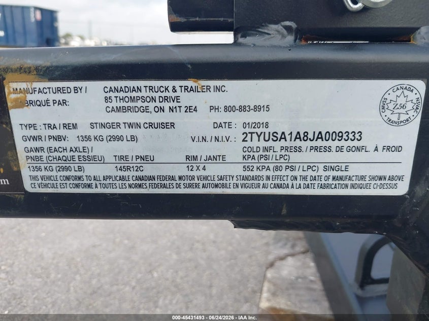 2018 Utility Motorcycle trailer VIN 2TYUSA1A8JA009333 IAAI salvage auction — NORMAL WEAR, Bill Of Sale (Texas), sold $425 on 2026-07-30 (photo 9)