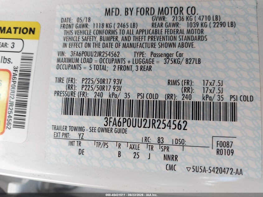 2018 Ford Fusion VIN 3FA6P0UU2JR254562 IAAI salvage auction — NORMAL WEAR, SF97 (California), sold $7,100 on 2026-07-28 (photo 9)