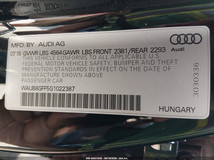 2016 Audi A3 VIN WAUB8GFF5G1022387 IAAI salvage auction — RIGHT SIDE, Salvage (Kansas), sold $1,550 on 2026-07-31 (photo 9)