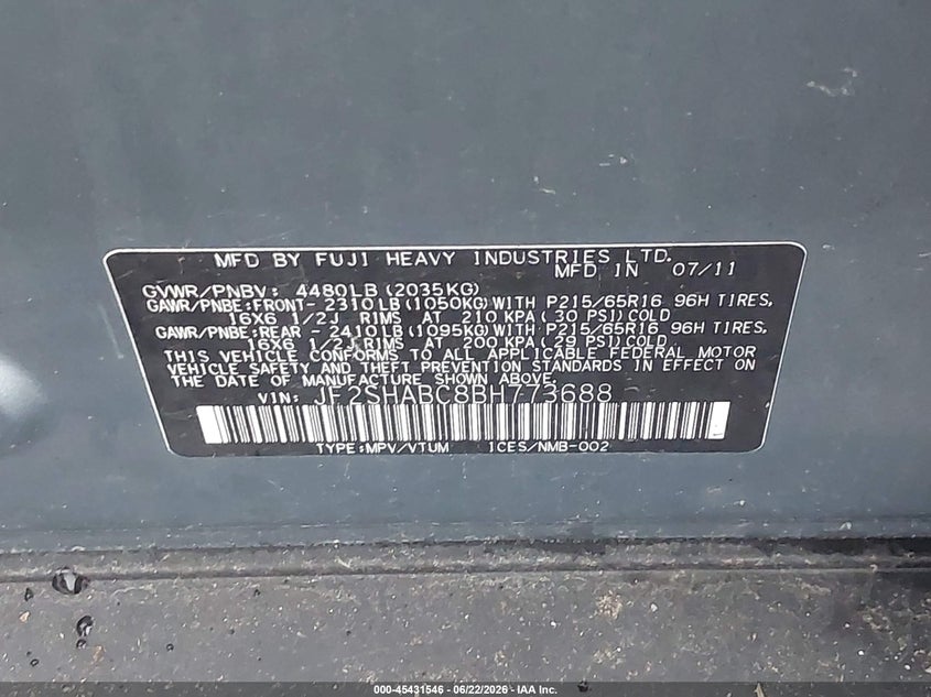 2011 Subaru Forester VIN JF2SHABC8BH773688 IAAI salvage auction — NORMAL WEAR, Clear (Indiana), sold $475 on 2026-07-30 (photo 9)