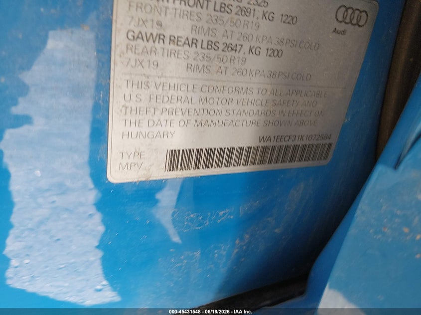 2019 Audi Q3 VIN WA1EECF31K1072584 IAAI salvage auction — FRONT END, Salvage (Pennsylvania), sold $6,600 on 2026-07-10 (photo 9)