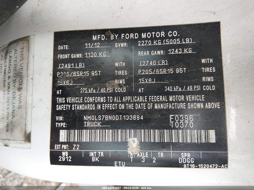 2013 Ford Transit VIN NM0LS7BN0DT133884 IAAI salvage auction — FRONT END, Salvage Title, sold $400 on 2026-07-31 (photo 9)