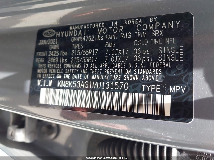 2021 Hyundai Kona VIN KM8K53AG1MU131570 IAAI salvage auction — RIGHT FRONT, Salvage (California), sold $6,100 on 2026-08-02 (photo 9)