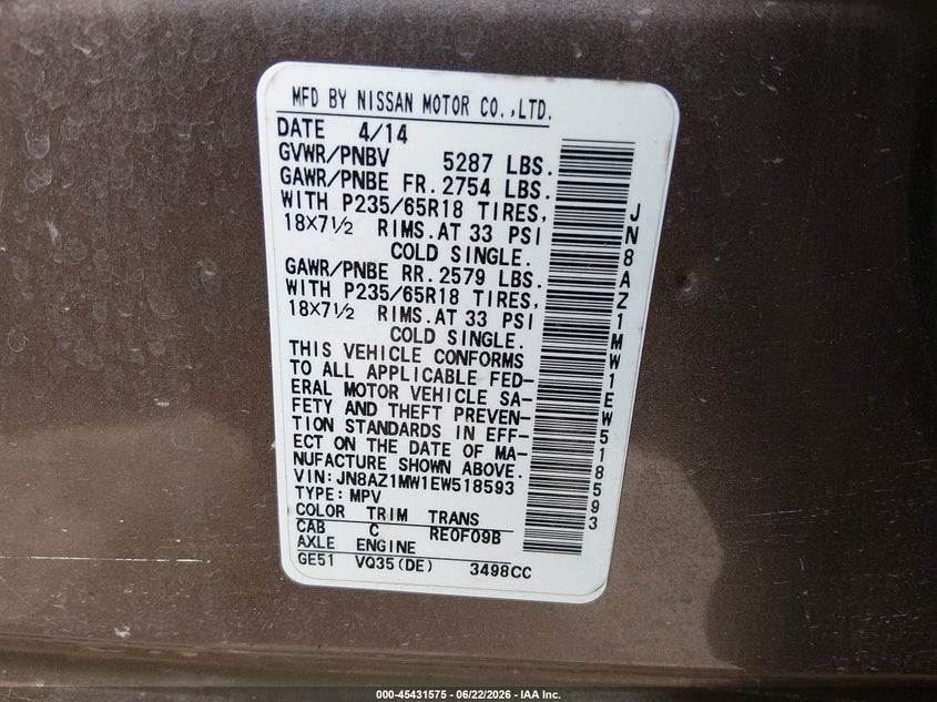2014 Nissan Murano VIN JN8AZ1MW1EW518593 IAAI salvage auction — FRONT END, Salvage (Tennessee), sold $650 on 2026-07-15 (photo 9)