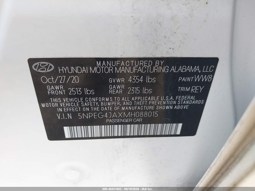 2021 Hyundai Sonata VIN 5NPEG4JAXMH088015 IAAI salvage auction — FRONT & REAR, Salvage Title, sold $3,000 on 2026-07-31 (photo 9)