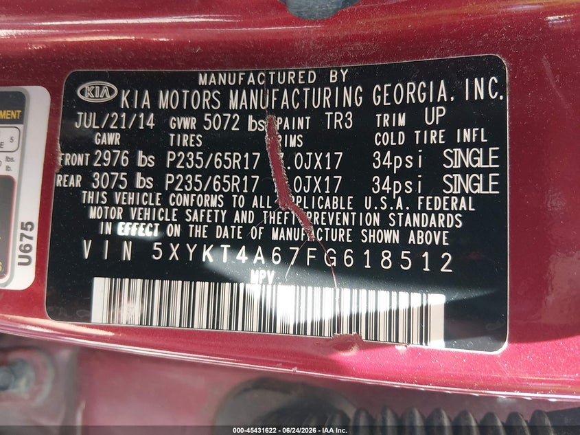 2015 Kia Sorento VIN 5XYKT4A67FG618512 IAAI salvage auction — FRONT END, Salvage (North Carolina), sold $700 on 2026-07-23 (photo 9)